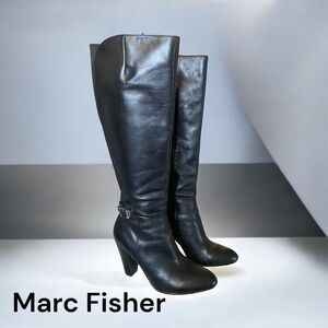 Vintage Y2K Marc Fisher black leather knee high buckle heel boots SZ 7.5 M